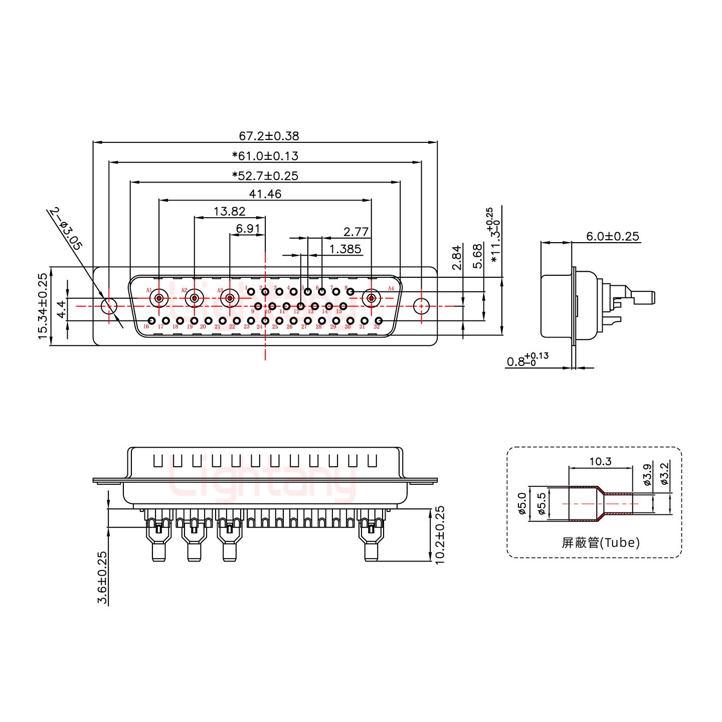 36W4公焊線式75歐姆+50P金屬外殼2252三個出線孔12mm