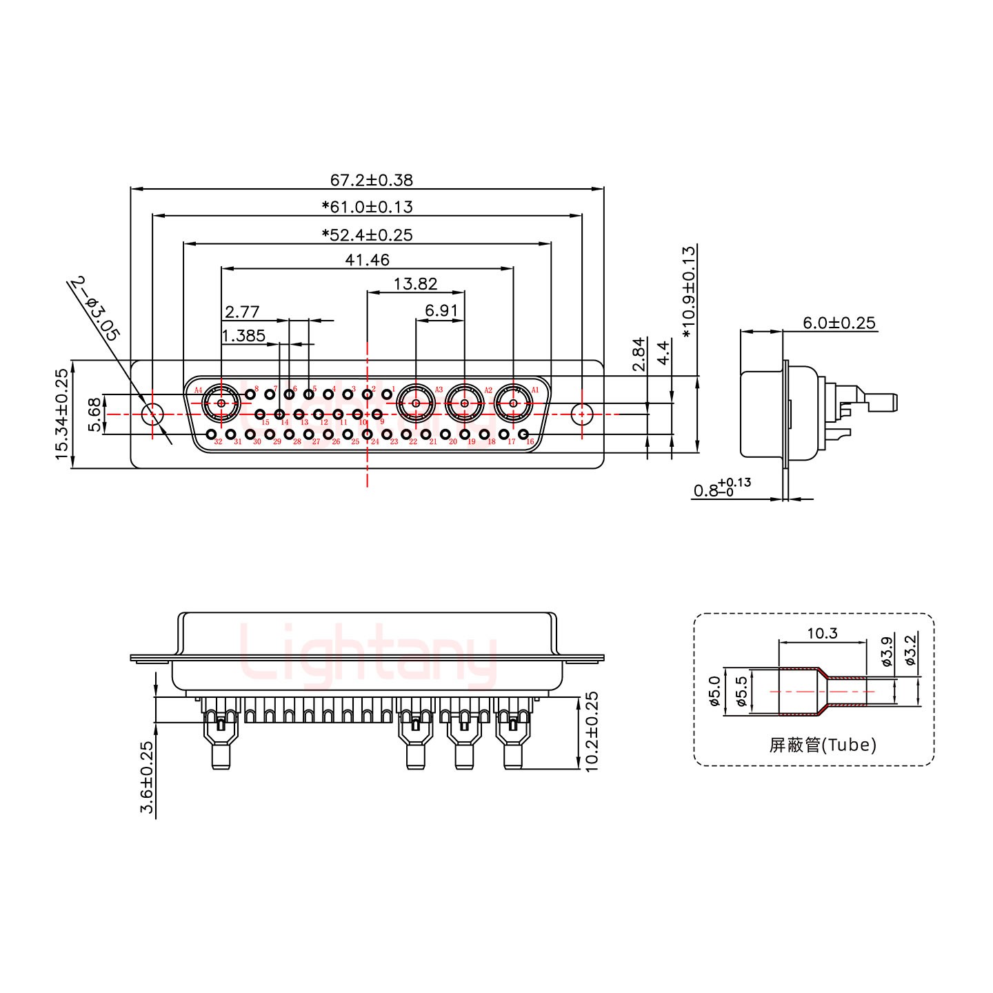 36W4母焊線式50歐姆+50P金屬外殼2252三個(gè)出線孔12mm