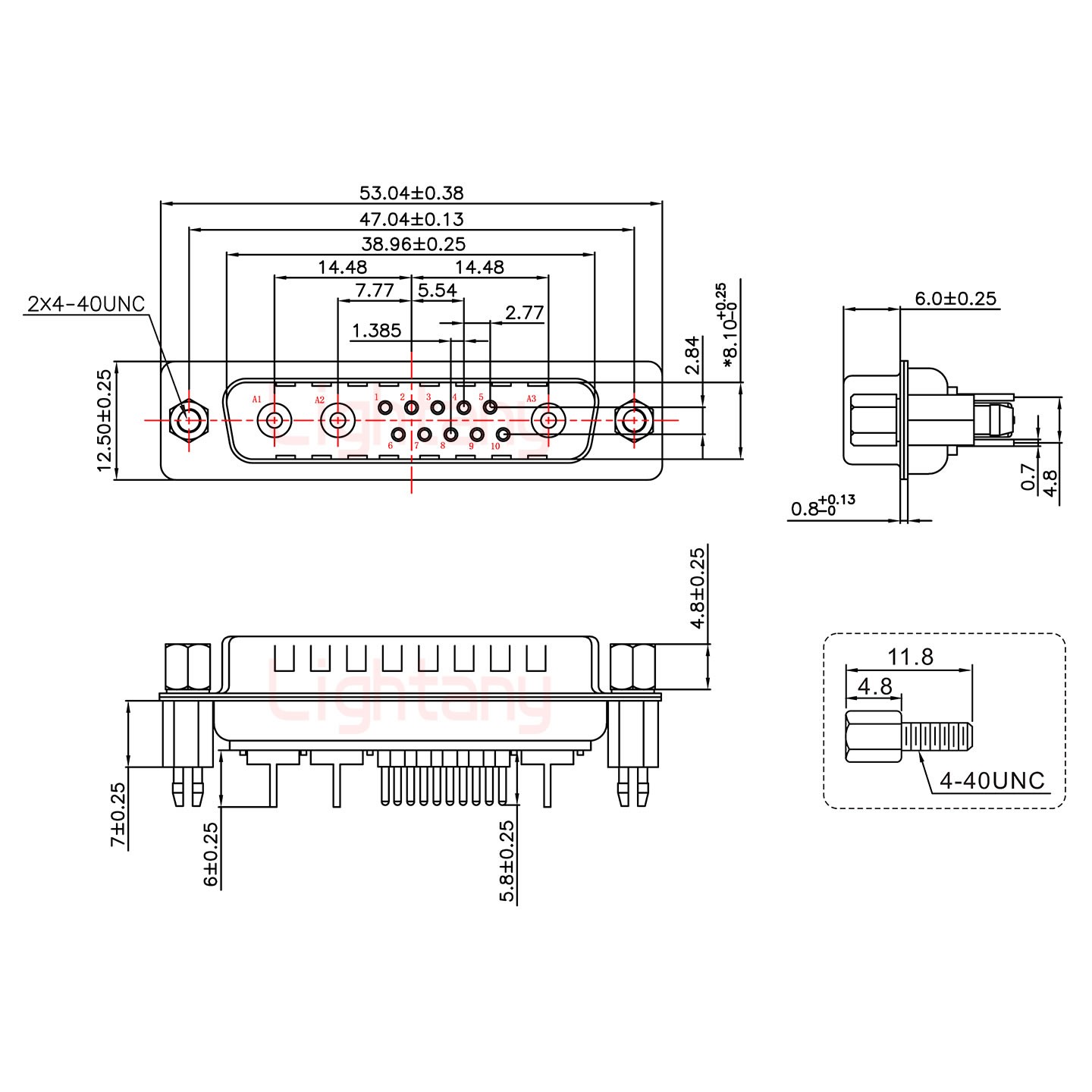 13W3公PCB直插板/鉚魚叉7.0/射頻同軸75歐姆