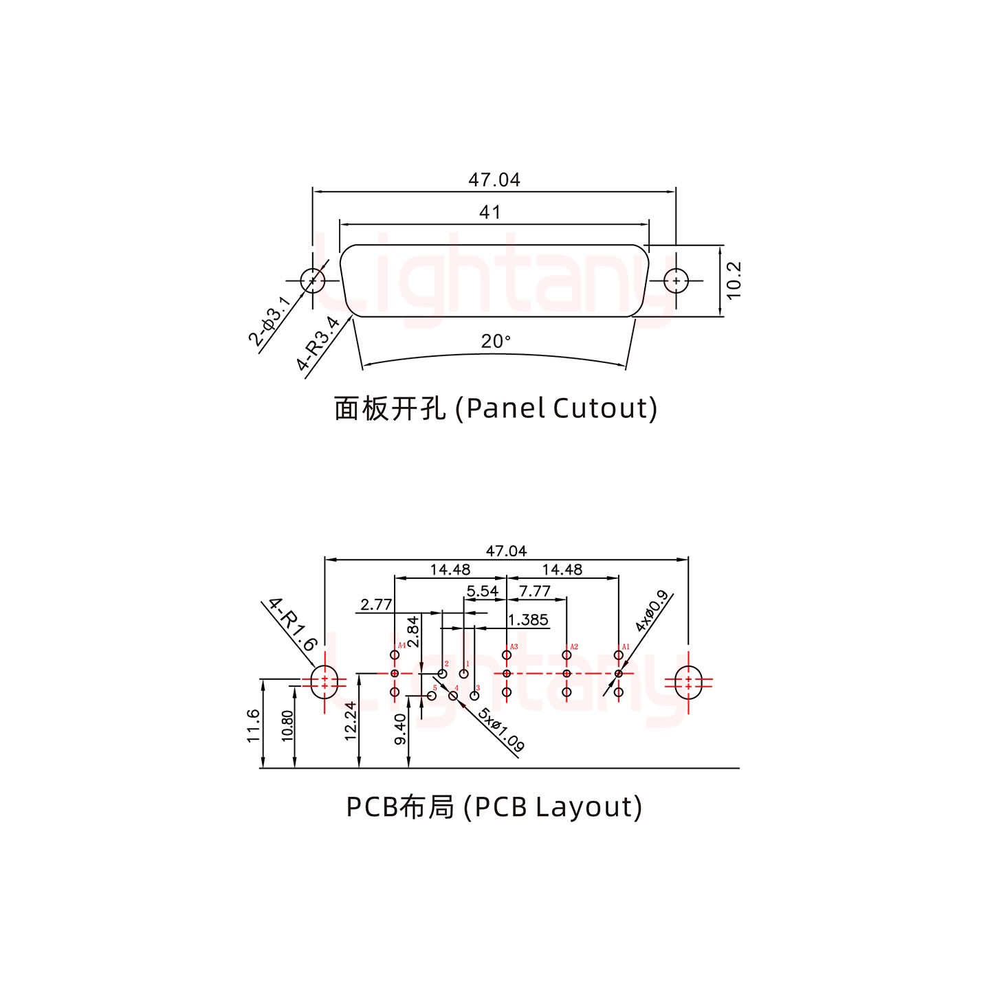 9W4母PCB彎插板/鉚支架10.8/射頻同軸50歐姆