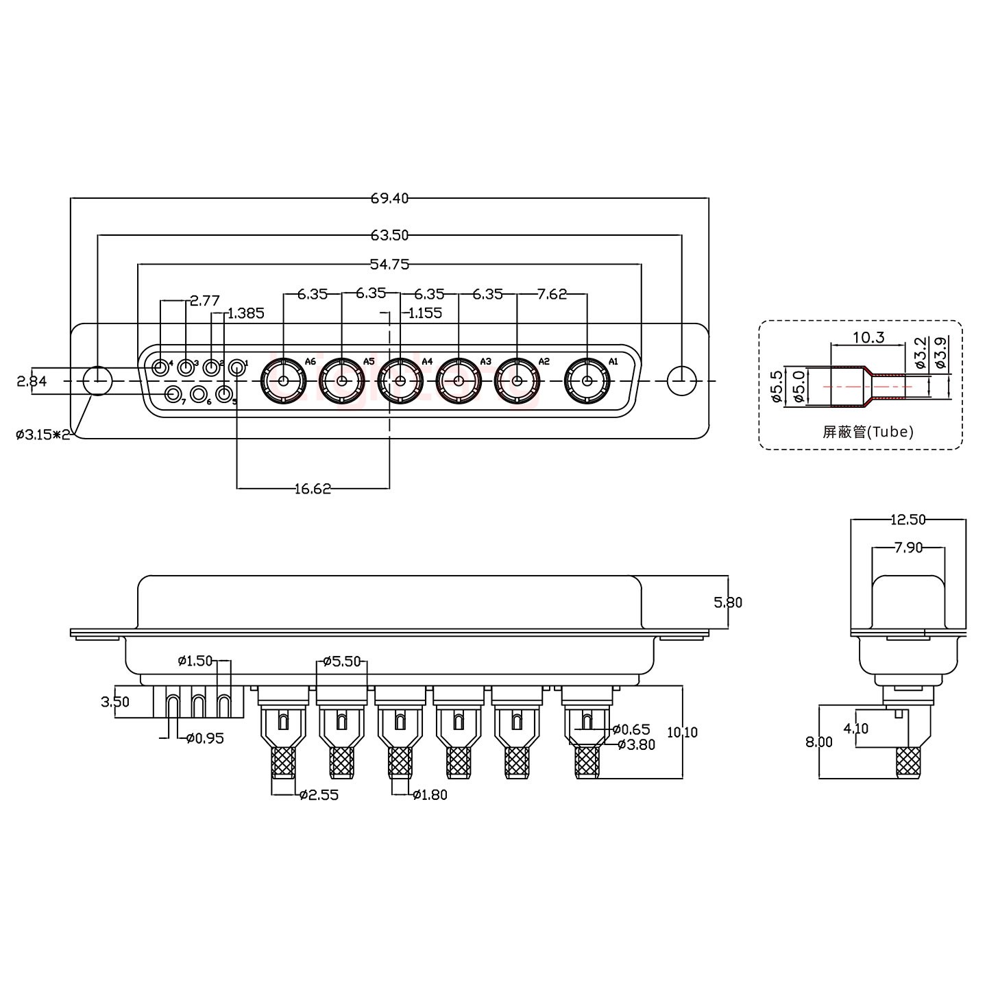 13W6B母焊線式75歐姆+37P金屬外殼967斜出線4~12mm