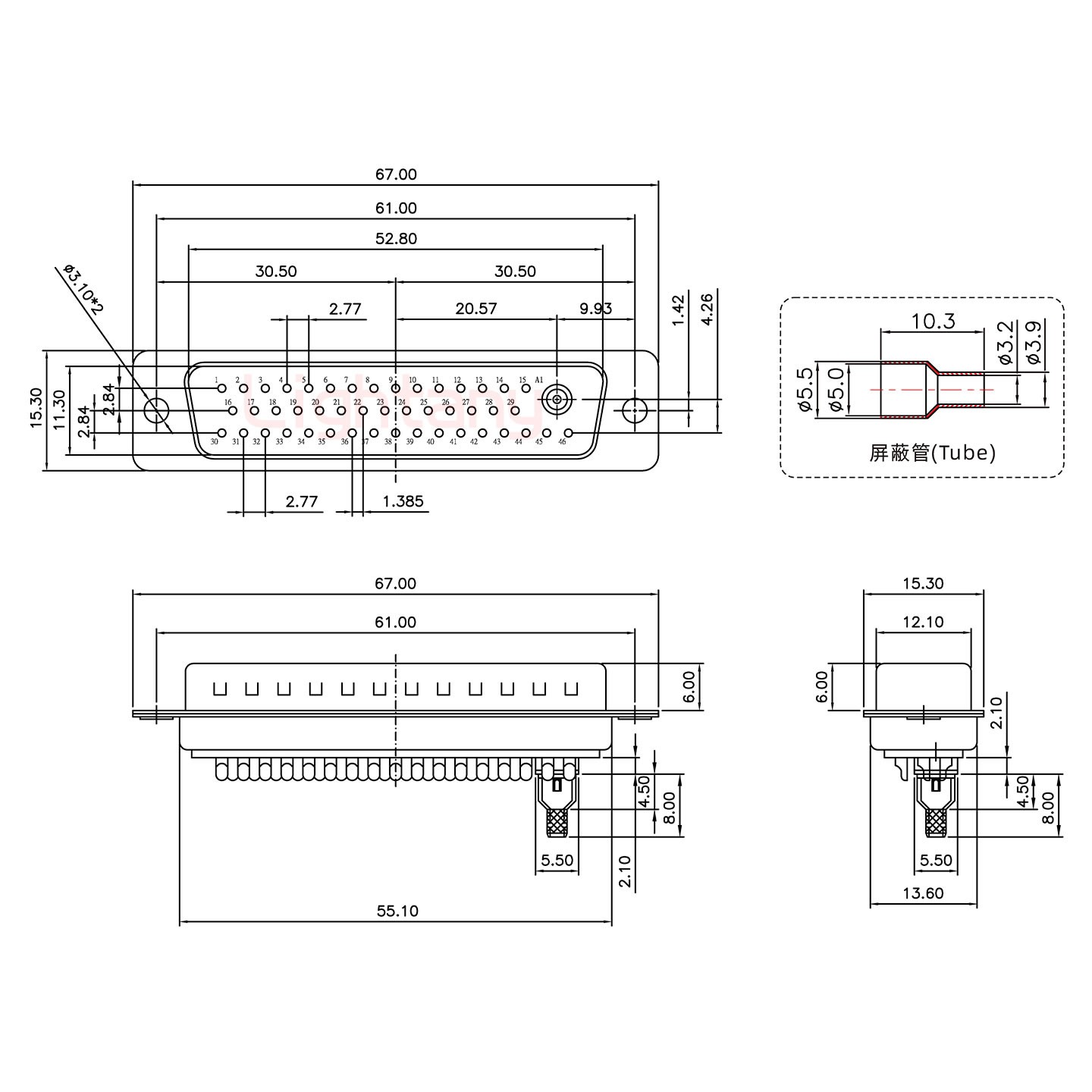 43W2公焊線式75歐姆+50P金屬外殼1331直出線12.5mm