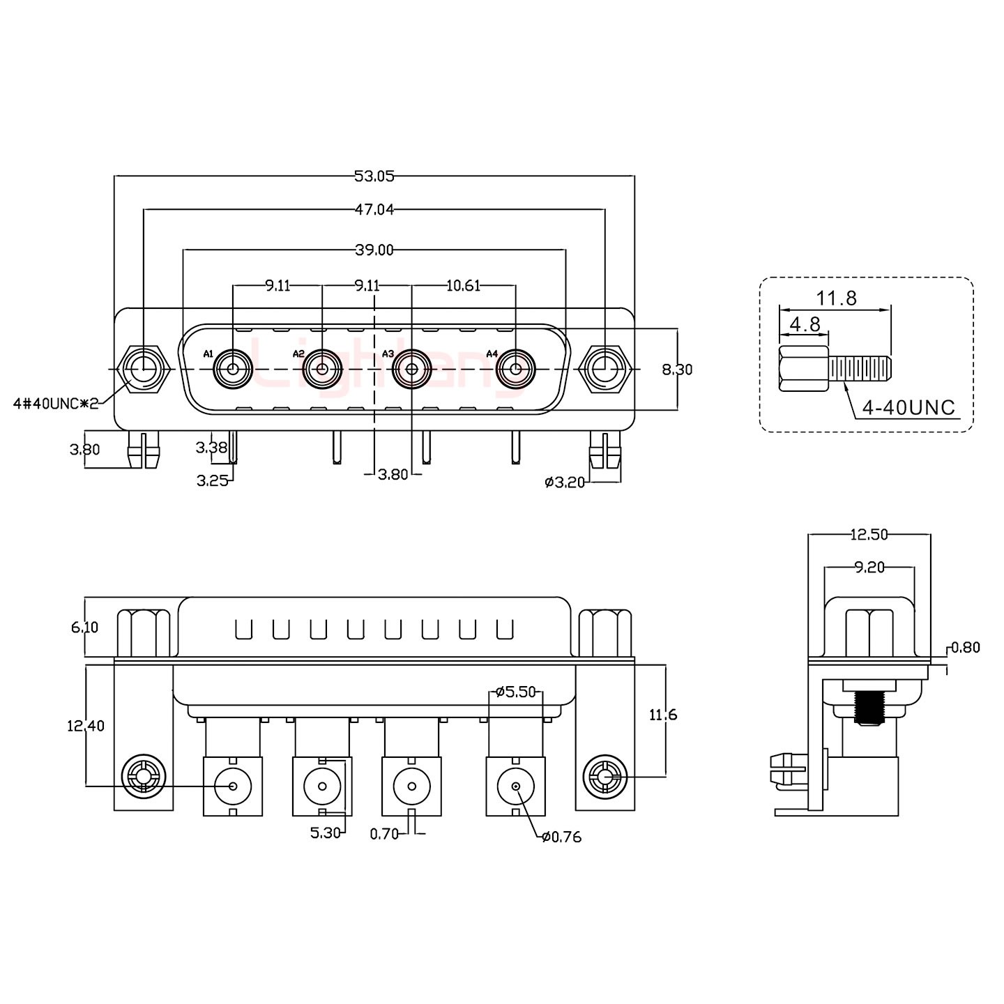 4W4公PCB彎插板/鉚支架11.6/射頻同軸75歐姆